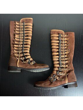 LUXURY REBEL Womens Size 37.5M (US 7.5) Leigh Tall Brown Suede Buckle Boots